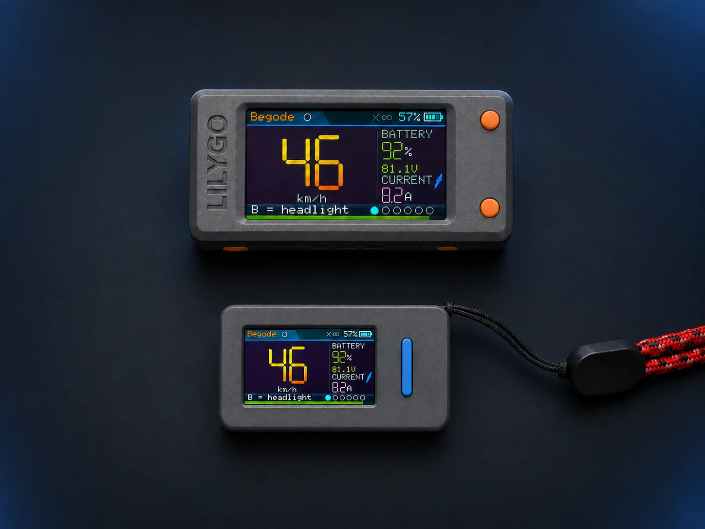 Two EucBuddy dashboards: larger LilyGO T-Display-S3 above, compact M5Stick-S3 below, both showing the same ride telemetry