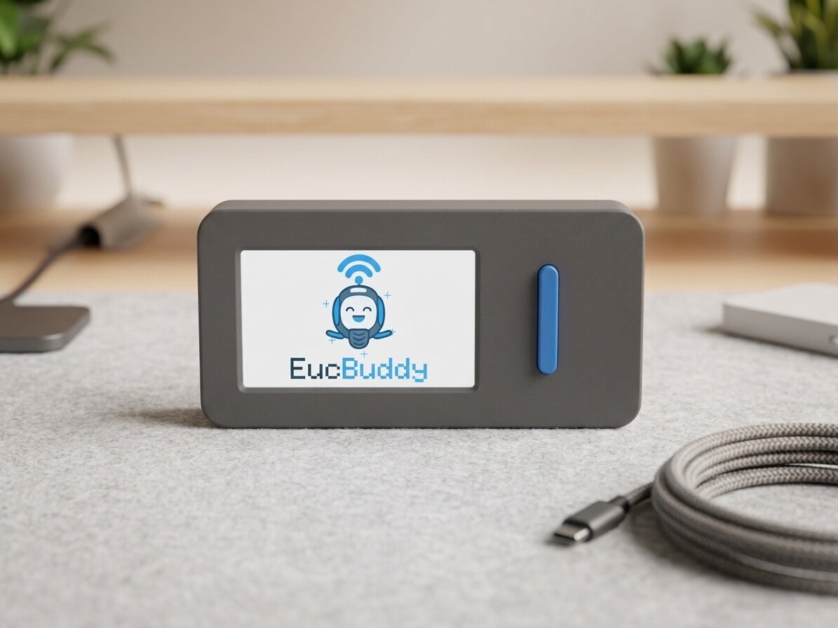 EucBuddy device on a desk showing the splash screen with the BLE-waved mascot