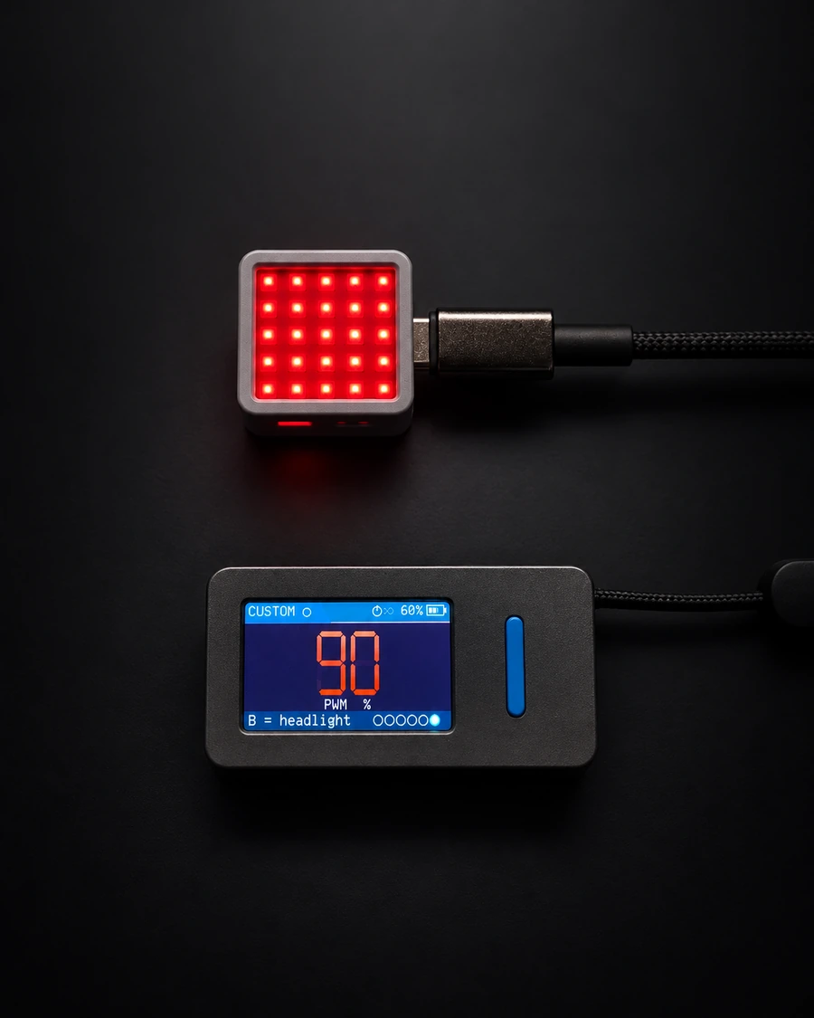 PwmLight's compact 5 by 5 LED matrix glowing red, above an EucBuddy display showing 90 percent PWM