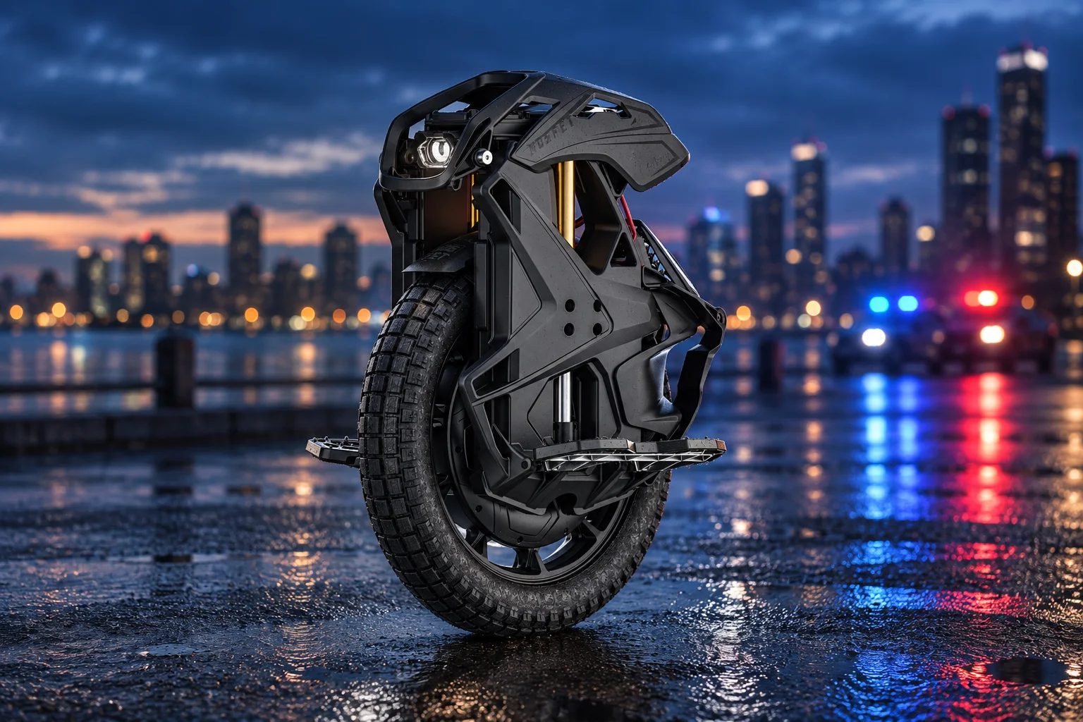 Black suspension electric unicycle on wet pavement at dusk, with blurred blue and red police lights in the background