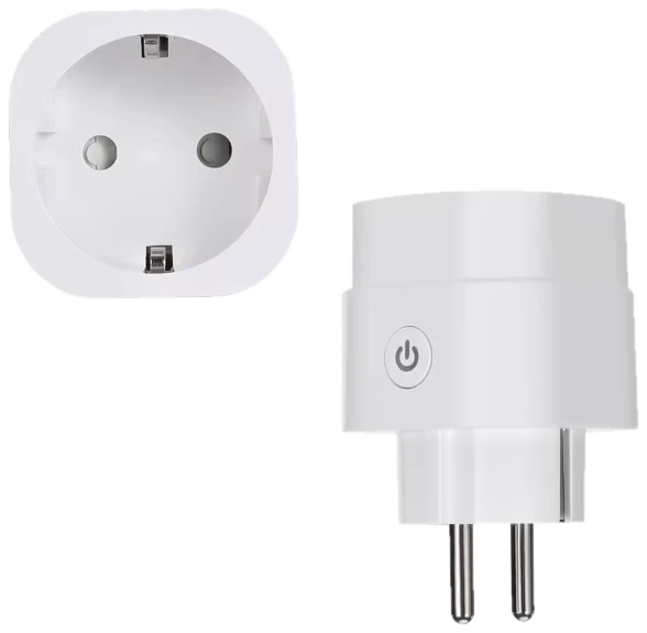 A white Tasmota smart plug for EU (Schuko) sockets, seen from the front and from the side