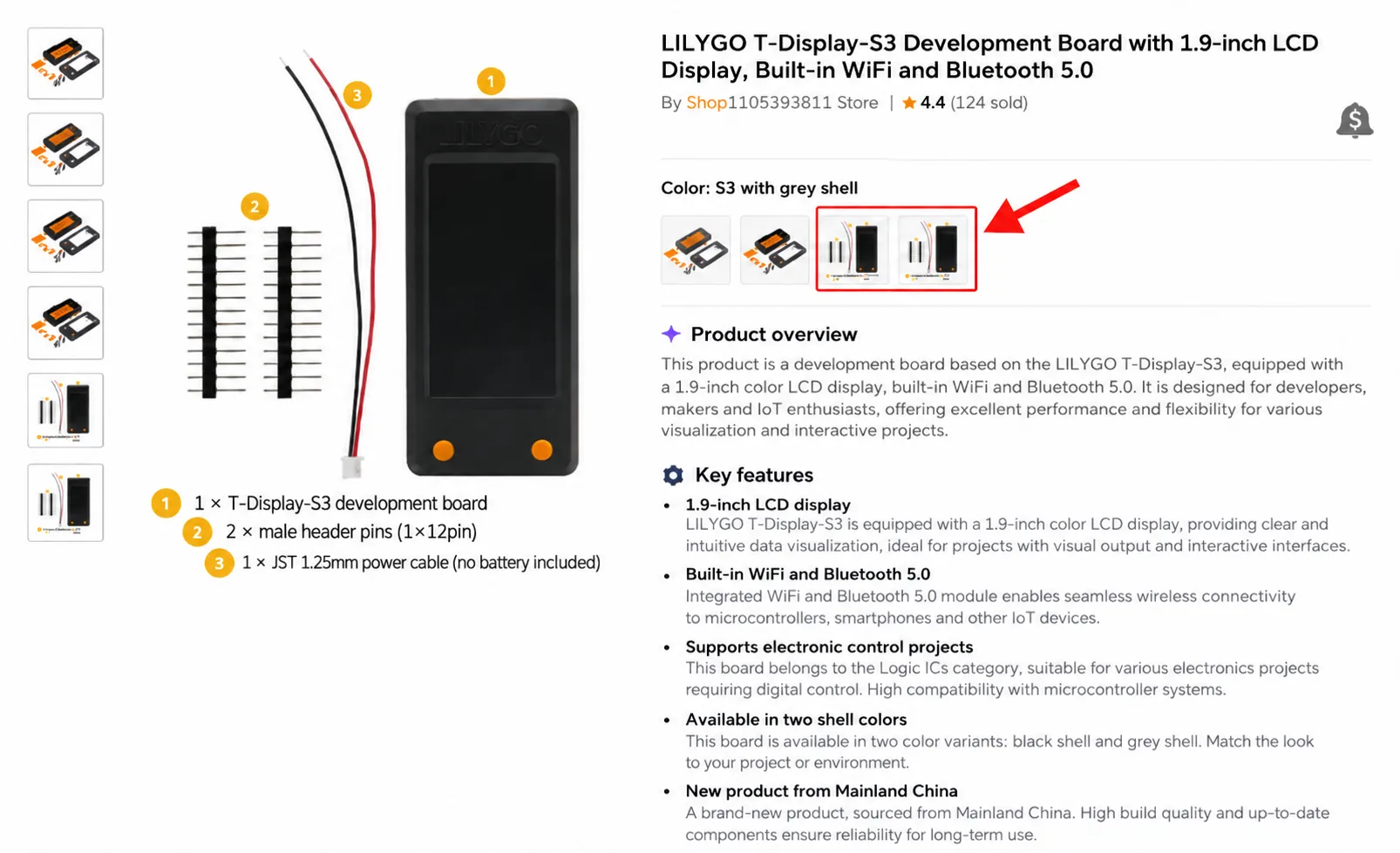 The AliExpress listing's options, with the two cased variants — board in its shell, header pins and a JST battery lead — marked in red