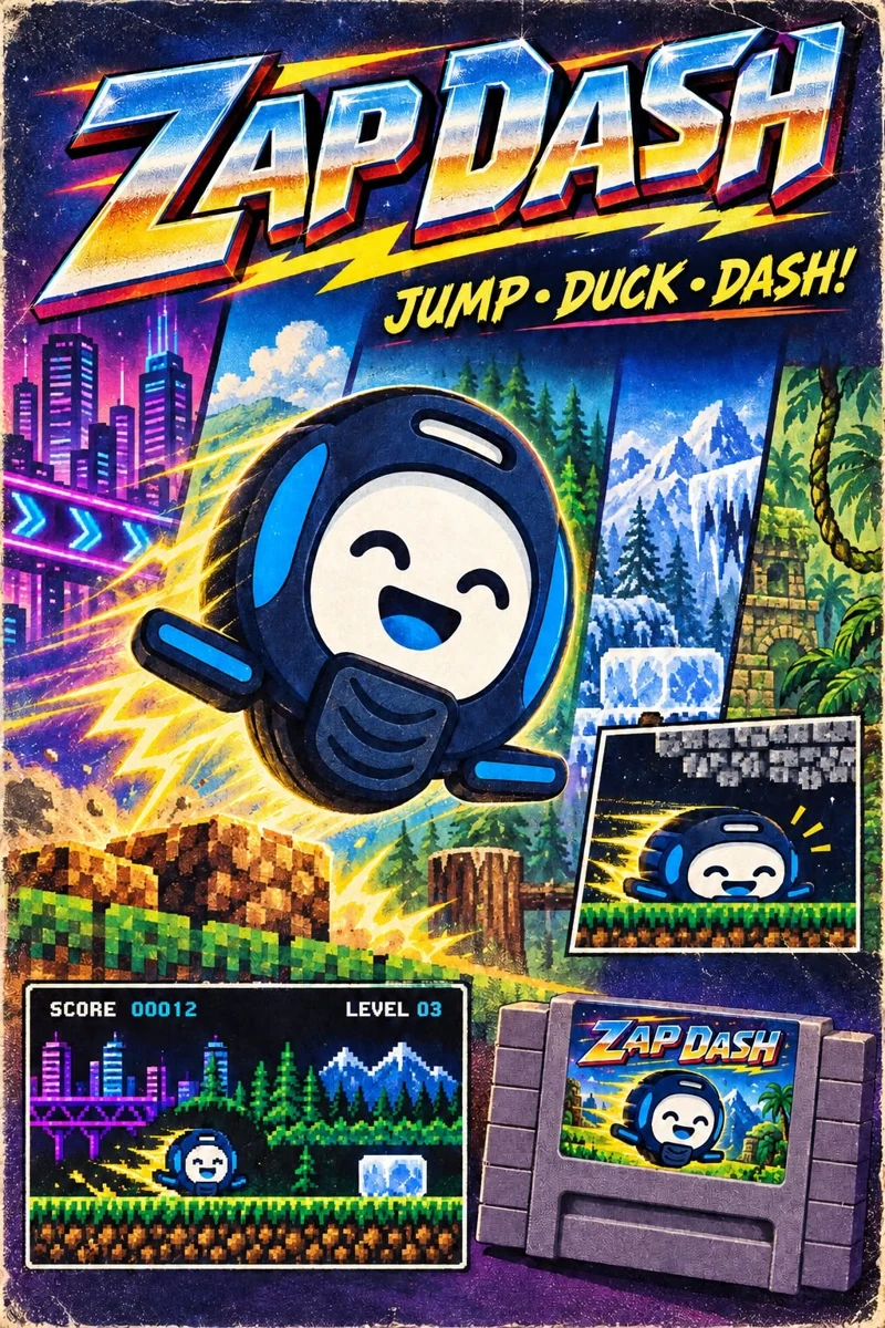 Zap Dash arcade artwork: a smiling wheel buddy exploring neon cities, forests and mountains