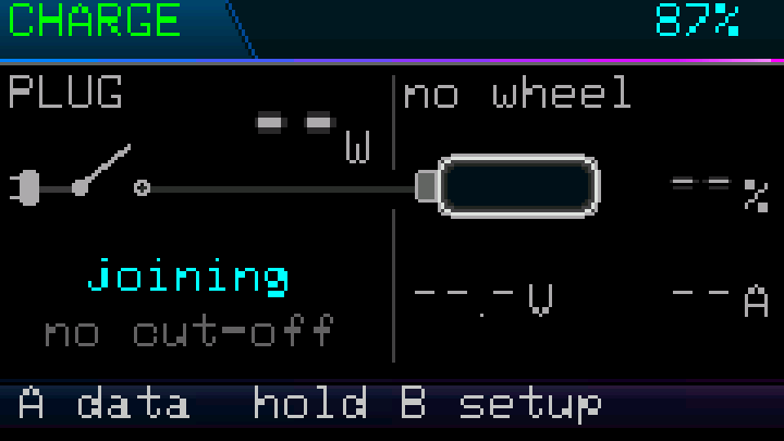 Charge page while joining: PLUG in grey, joining in cyan, no wheel