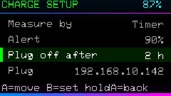Charge setup with Measure by set to Timer and Plug off after 2 h highlighted
