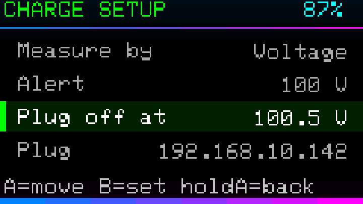 Charge setup with Measure by set to Voltage, Alert 100 V and Plug off at 100.5 V highlighted